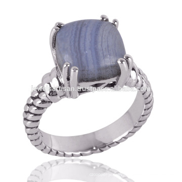 Blue Lace Agate shiny Stone & Sterling Silver Prong set Simple Silver Ring